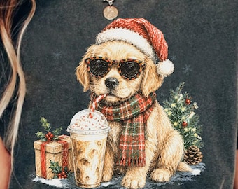 Christmas Golden Retriever PNG, Christmas Dog Clipart, Santa Puppy Png, Iced Coffee Dog, Winter Dog Sublimation, Digital Download PNG