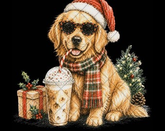 Christmas Golden Retriever PNG, Christmas Dog PNG, Iced Coffee Puppy Clipart, Holiday Sublimation Design, Xmas Dog Mom Digital Download