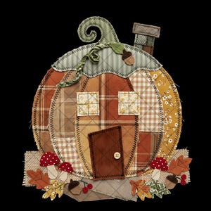 May include: A fabric pumpkin-shaped house applique featuring patchwork panels in orange, brown, and yellow plaid and floral patterns. It includes a brown corduroy door, two square windows, a green stem, a chimney, and base accents of mushrooms and leaves.