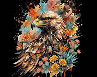 Eagle Watercolor PNG, Southwestern Eagle Clipart, Boho Floral Bird PNG, Monarch Butterfly Sublimation Design, Digital Download PNG