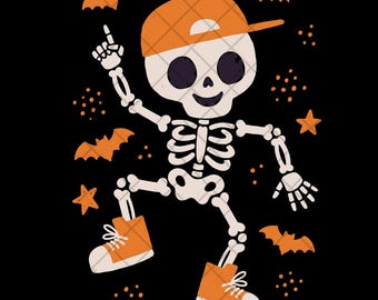 Cool Skeleton PNG, Halloween Sublimation Design, Spooky Season Digital Download, Cute Skull with Hat and Shoes Clipart