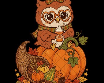 Cute Fall Owl PNG, Autumn Owl Clipart, Pumpkin Spice Latte PNG, Thanksgiving Clipart, Fall Sublimation PNG, Digital Download