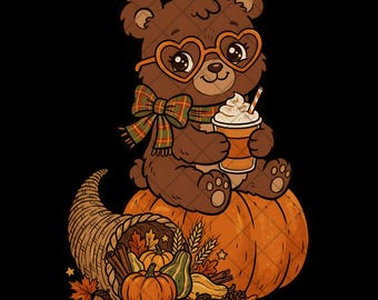 Fall Bear PNG, Cute Autumn Bear Clipart, Pumpkin Spice PNG, Thanksgiving Cornucopia Design, Cozy Fall Sublimation Digital Download PNG