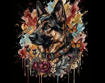 German Shepherd PNG, German Shepherd Clipart, Boho Floral Dog PNG, Watercolor Dog Clipart, Sublimation PNG, Pet Memorial Digital Download