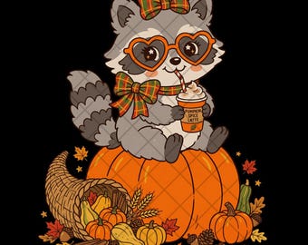 Fall Raccoon PNG, Pumpkin Spice Latte Clipart, Cute Autumn Sublimation PNG, Thanksgiving Pumpkin Design, Cozy Season Coffee Digital Download