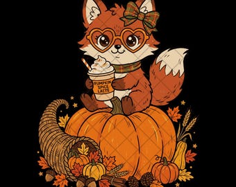 Fall Fox PNG, Pumpkin Spice Latte Clipart, Thanksgiving Fox, Cute Autumn Sublimation Design, Cozy Fall Shirt, Digital Download PNG