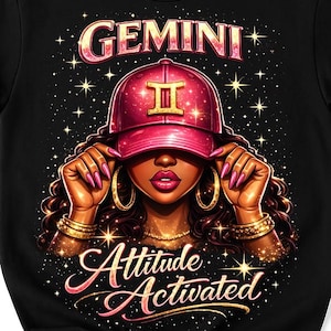 May include: Black t-shirt featuring a graphic of a woman wearing a pink cap with the Gemini symbol. The text "GEMINI" and "Attitude Activated" are displayed in a decorative font. The woman has gold jewelry and long curly hair.