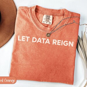 May include: A burnt orange short-sleeve t-shirt with a crew neckline and the white text LET DATA REIGN printed across the chest. The shirt features a Comfort Colors brand label at the inner neck, indicating a size small, and a vintage-style wash.
