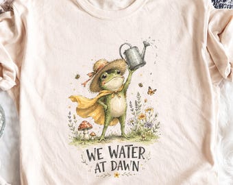 We Water At Dawn PNG, Frog Gardener Clipart, Cute Frog Png, Whimsical Frog, Cottagecore Frog, Sublimation Png, Digital Download