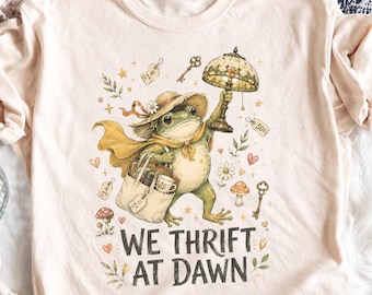 We Thrift At Dawn Frog PNG, Cottagecore Thrifting Digital Download, Whimsical Vintage Frog Art Sublimation File