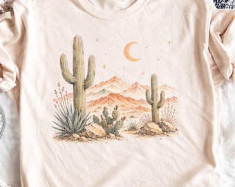 Boho Desert Landscape PNG, Desert Moon and Cactus Art, Southwestern Mountains & Stars Digital Download