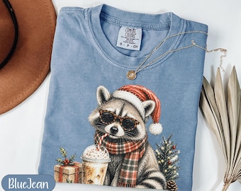 Christmas Raccoon PNG, Iced Coffee Clipart, Santa Hat Sublimation PNG, Funny Winter Animal Graphic, Cute Holiday Digital Download
