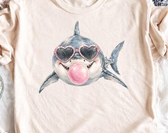 Cute Shark Bubble Gum PNG, Pink Faux Glitter Heart Glasses Shark Clipart, Kawaii Summer Sublimation Digital Download