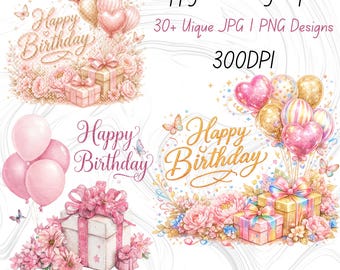 Watercolor Birthday Clipart Bundle, Floral Cake Balloons PNG (Digital Download)