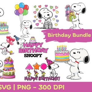 Może przedstawiać: Kolekcja grafik urodzinowych z motywem Snoopy'ego. Obrazy przedstawiają Snoopy'ego z tortami urodzinowymi, balonami i prezentami. Tekst zawiera "Happy Birthday Snoopy" i "Birthday Bundle". Obrazy są w formatach SVG i PNG.