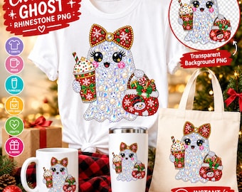 Rhinestone Christmas Ghost PNG | Jeweled Holiday Ghost Clipart | Xmas Shirt Design | Digital Download
