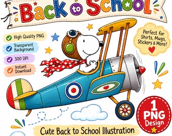 Back to School PNG, Snoopy Airplane Clipart, Aviator Dog Design (Digital Download)