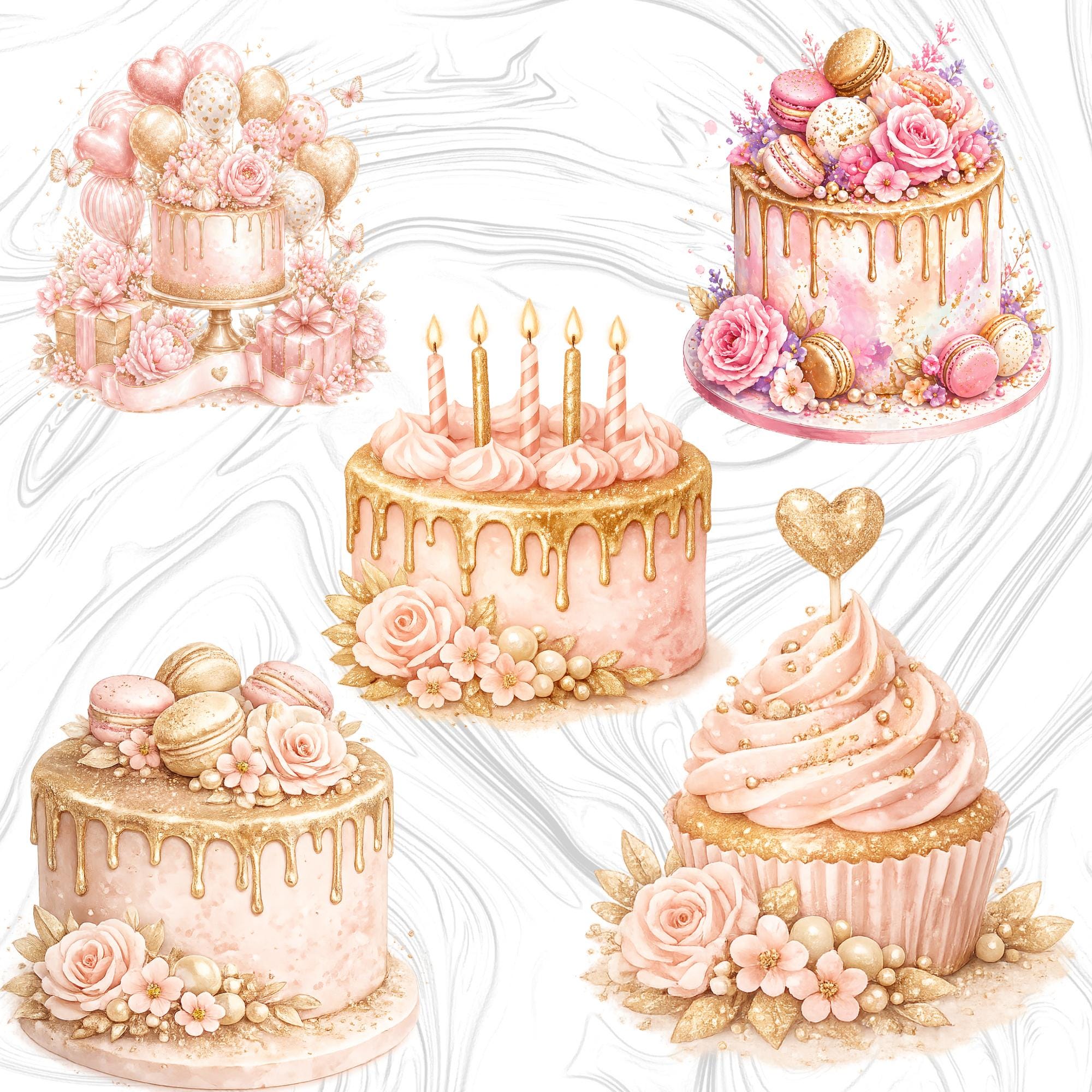 Watercolor Birthday Clipart Bundle, Floral Cake Balloons PNG (digital ...