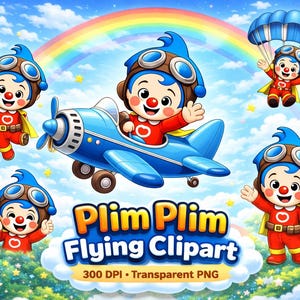Puede incluir: Ilustraci&oacute;n de dibujos animados con un personaje con gorro y gafas de piloto, con un atuendo rojo y amarillo, volando un avi&oacute;n azul. La imagen incluye un arco&iacute;ris, nubes y el texto "Plim Plim Flying Clipart."