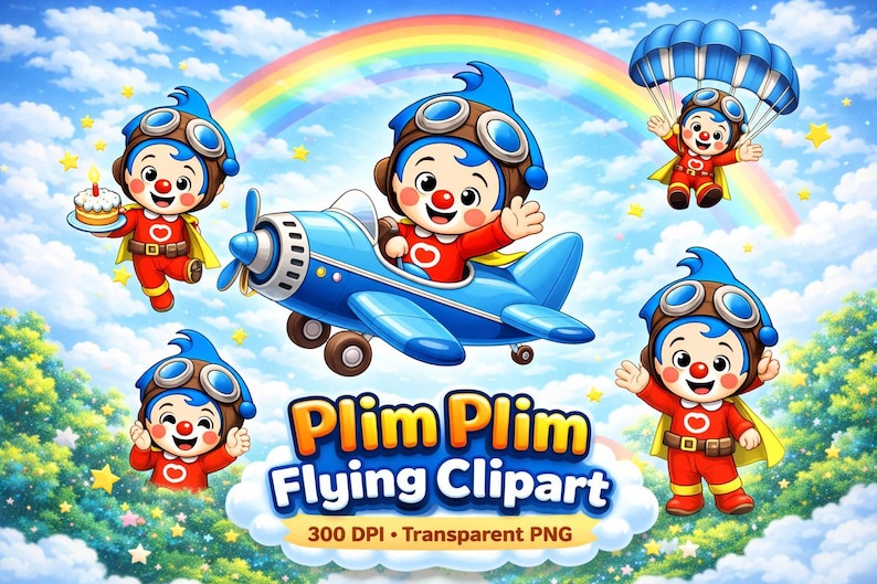 Puede incluir: Ilustraci&oacute;n de dibujos animados con un personaje con gorro y gafas de piloto, con un atuendo rojo y amarillo, volando un avi&oacute;n azul. La imagen incluye un arco&iacute;ris, nubes y el texto "Plim Plim Flying Clipart."
