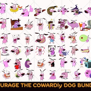 Puede incluir: Un paquete digital con múltiples ilustraciones de Coraje, el perro cobarde, en varias poses y expresiones. Las imágenes están en formatos SVG, PNG, JPG y PDF. El texto "COURAGE THE COWARDLY DOG BUNDLE" se muestra en la parte inferior.