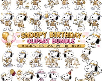 Snoopy Birthday Clipart Bundle, 26 Designs, PNG, Jpeg, Dxf, Pdf, 300 DPI Digital Download