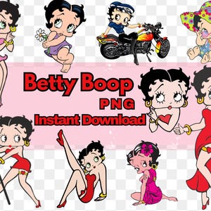 Può includere: Una collezione di immagini PNG di Betty Boop. Le immagini mostrano Betty Boop in varie pose e abiti, tra cui un vestito rosa, una moto e un cappello da sole. È presente anche il testo "Betty Boop PNG Instant Download".