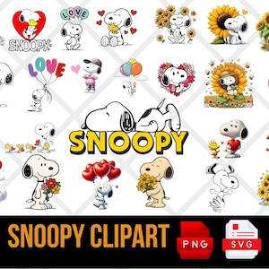 Puede incluir: Una colección de 25 imágenes prediseñadas de Snoopy, que muestran a Snoopy en varias poses y entornos. Snoopy se representa con corazones, flores, globos y la palabra "LOVE". Disponibles en formatos PNG, SVG y JPG.