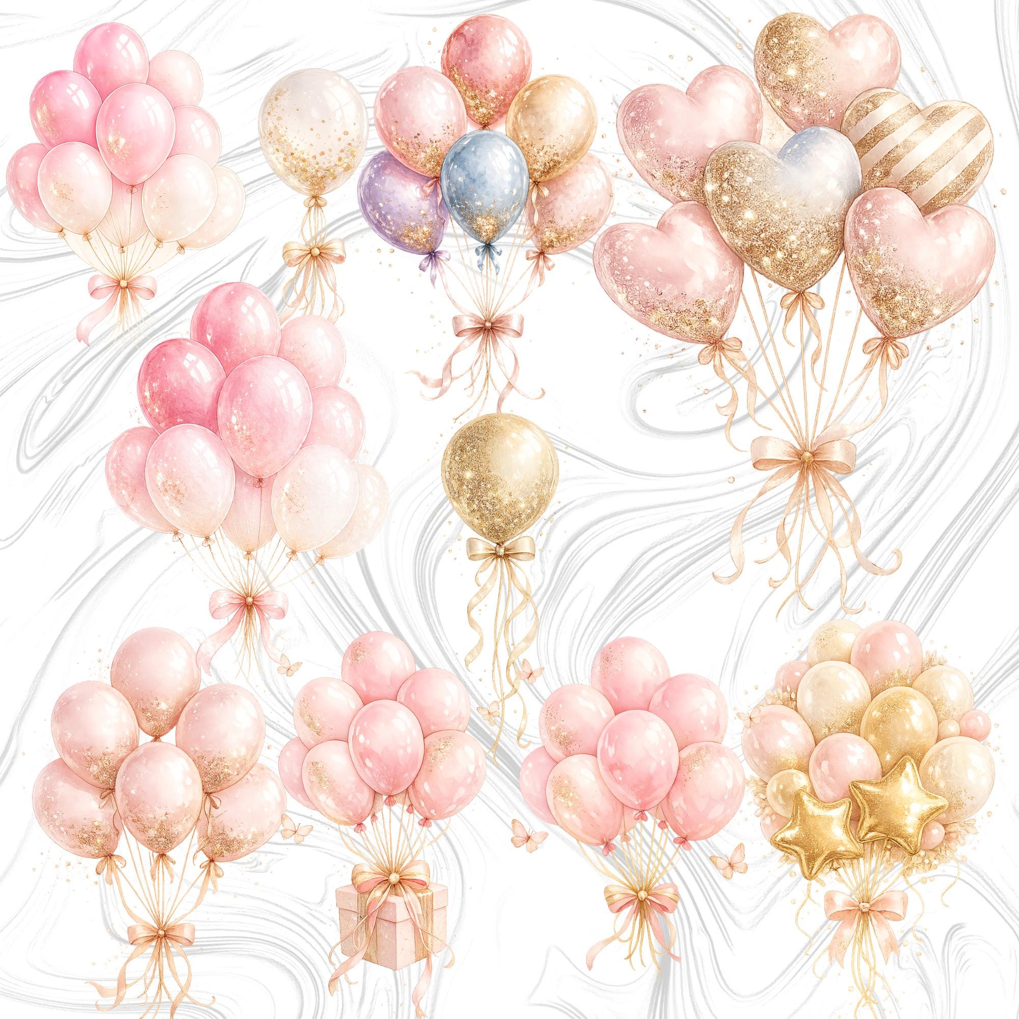 Watercolor Birthday Clipart Bundle, Floral Cake Balloons PNG (digital ...