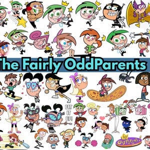 Peut inclure: Une collection de graphiques de personnages de dessins animés de la série animée "The Fairly OddParents". L'image présente divers personnages dans différentes poses, avec le titre de l'émission dans une bannière turquoise. Les personnages sont de couleurs vives et sont au format PNG.