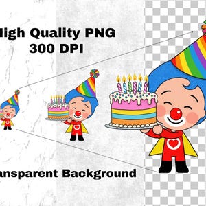 May include: A cartoon illustration of a clown holding a birthday cake with lit candles. The clown wears a red outfit, a blue wig, a party hat, and a red nose. The image includes the text "High Quality PNG 300 DPI" and "Transparent Background."