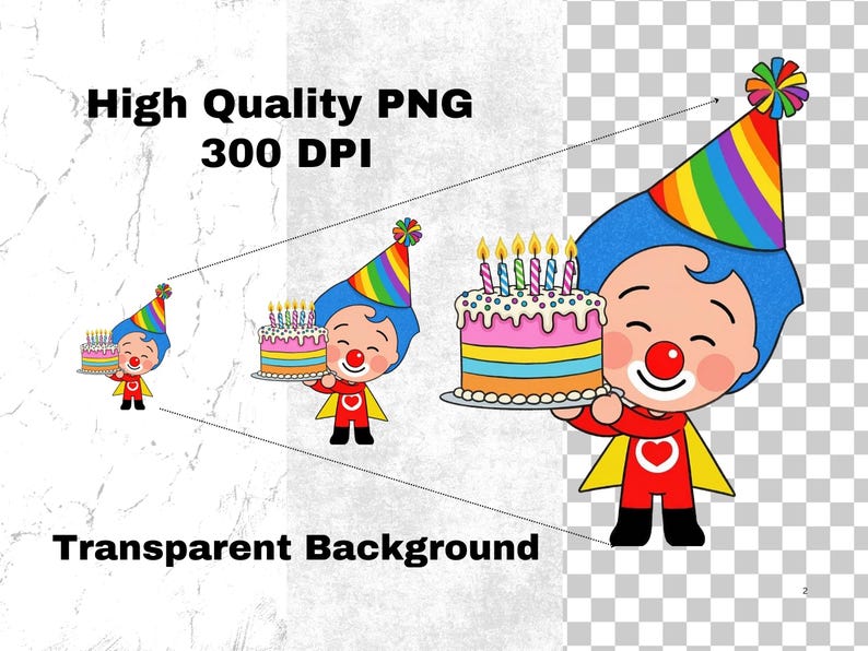 May include: A cartoon illustration of a clown holding a birthday cake with lit candles. The clown wears a red outfit, a blue wig, a party hat, and a red nose. The image includes the text "High Quality PNG 300 DPI" and "Transparent Background."