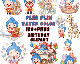 Plim Plim Watercolor Birthday Clipart Bundle, Kids Party PNG (Instant Download)