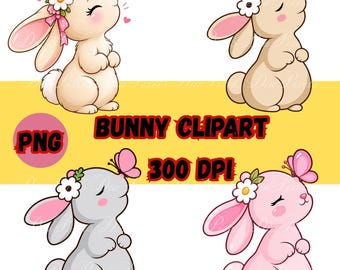 Kawaii Bunny Clipart, Pink Rabbit Butterfly Floral (Digital Download)