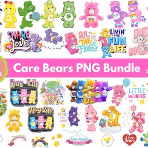 May include: A vibrant collection of 36 Care Bears PNG designs, featuring various colours and poses. The image includes text that reads "Care Bears PNG Bundle" and "Instant Download". The bears are shown with hearts, rainbows, and other joyful elements.