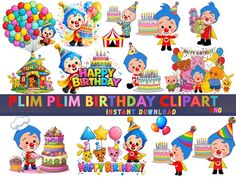 Plim Plim Birthday Clipart Bundle, Kids Party PNG, Sublimation Design (Digital Download) image 1