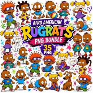 May include: A digital collection of 35 Rugrats character illustrations featuring various babies, a dog, and a cat. The central text reads AFRO AMERICAN RUGRATS PNG BUNDLE 35 PNG, surrounded by colorful stars, squiggles, and splatters on a white background.