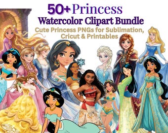 Watercolor Princess Clipart Bundle | 50+ PNG Fairytale Designs (300DPI Instant Digital Download)