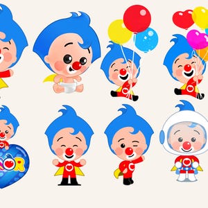 May include: A collection of cartoon illustrations featuring a character with blue hair, a red nose, and a red and yellow outfit. Some hold balloons, and one is in a space helmet. One image has a blue heart with the word "AMOR".