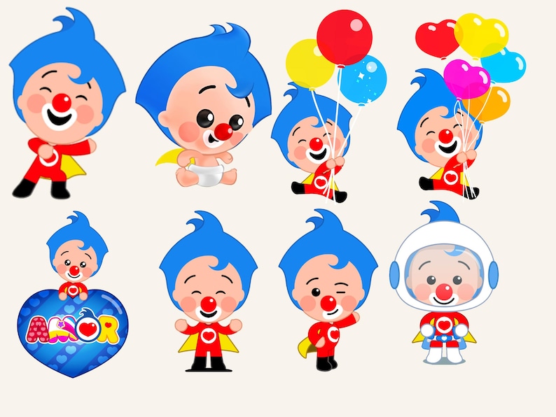 May include: A collection of cartoon illustrations featuring a character with blue hair, a red nose, and a red and yellow outfit. Some hold balloons, and one is in a space helmet. One image has a blue heart with the word "AMOR".