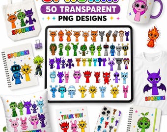 Sprunki PNG Bundle: 50 Transparent Gaming Clipart Designs (Digital Download)