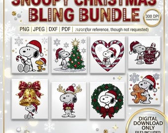 Snoopy Christmas PNG Bundle, Faux Rhinestone Christmas Clipart, Holiday Dog Sublimation Designs, Glitter Gems Xmas Dog DXF PDF Jpeg