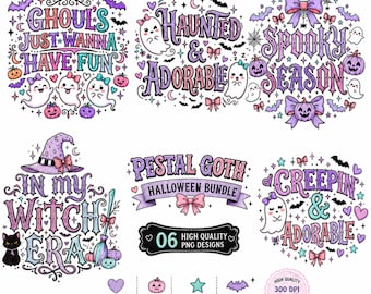 Pastel Goth Halloween PNG Bundle, Spooky Clipart, Halloween Sublimation Designs, Ghost PNG, Witch PNG, Instant Digital Download