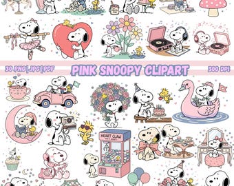 30 Pink Snoopy PNG, Jpg, Pdf Bundle,  Girly Coquette Cartoon Clipart,  (Digital Download)
