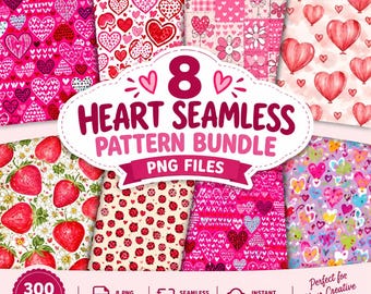 Valentine Seamless Pattern Bundle, 8 Heart, Floral, Strawberry Designs (Digital Download)