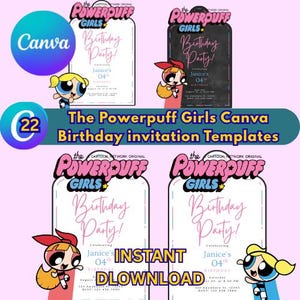 Puede incluir: Plantillas de invitación de cumpleaños de Canva de las Supernenas. La imagen presenta cuatro diseños de invitación con los personajes de las Supernenas. Las invitaciones tienen un fondo blanco con el texto "Birthday Party!" y "Instant Download".