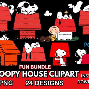 Puede incluir: Un paquete de arte digital con Snoopy y su caseta para perros en varias poses. La imagen incluye a Snoopy encima de su caseta roja, con el texto "Snoopy House Clipart" y "24 Designs" sobre un fondo negro.