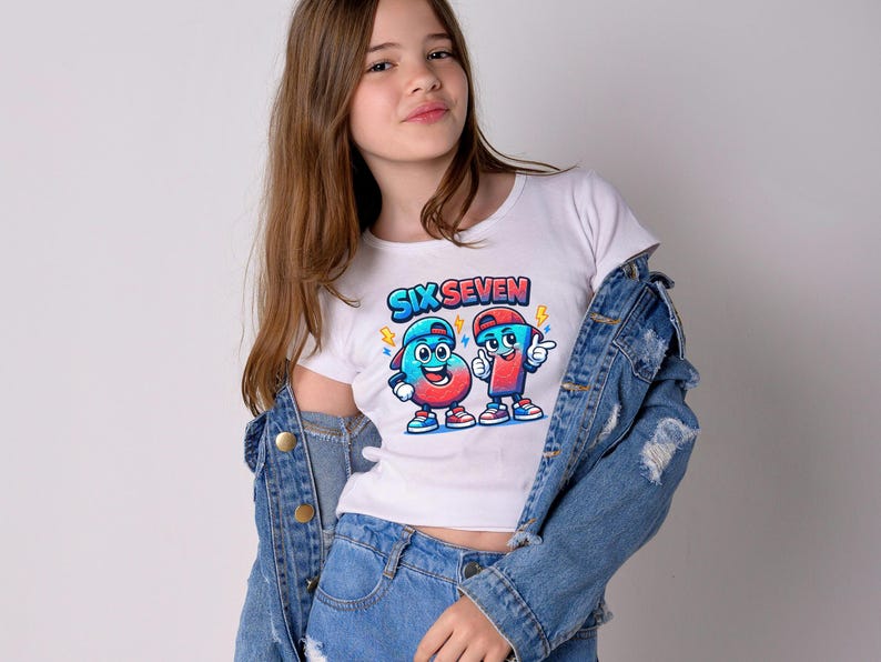 May include: White t-shirt with the text "SIX SEVEN" and cartoon illustrations of the numbers six and seven. The numbers are wearing caps and shoes. A denim jacket is worn over the shirt.