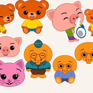 May include: A collection of cartoon animal characters, including bears, pigs, elephants, and a cat. The bears are brown, the pigs are pink, the elephants are orange, and the cat is pink. Some characters wear clothes.
