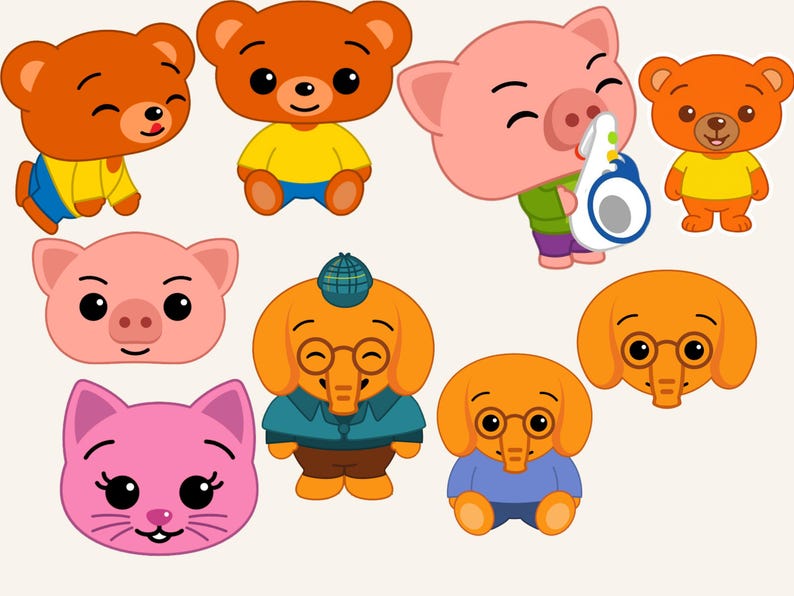 May include: A collection of cartoon animal characters, including bears, pigs, elephants, and a cat. The bears are brown, the pigs are pink, the elephants are orange, and the cat is pink. Some characters wear clothes.